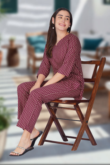 Wine Purple V Neck Cotton Printed Pyjama Set