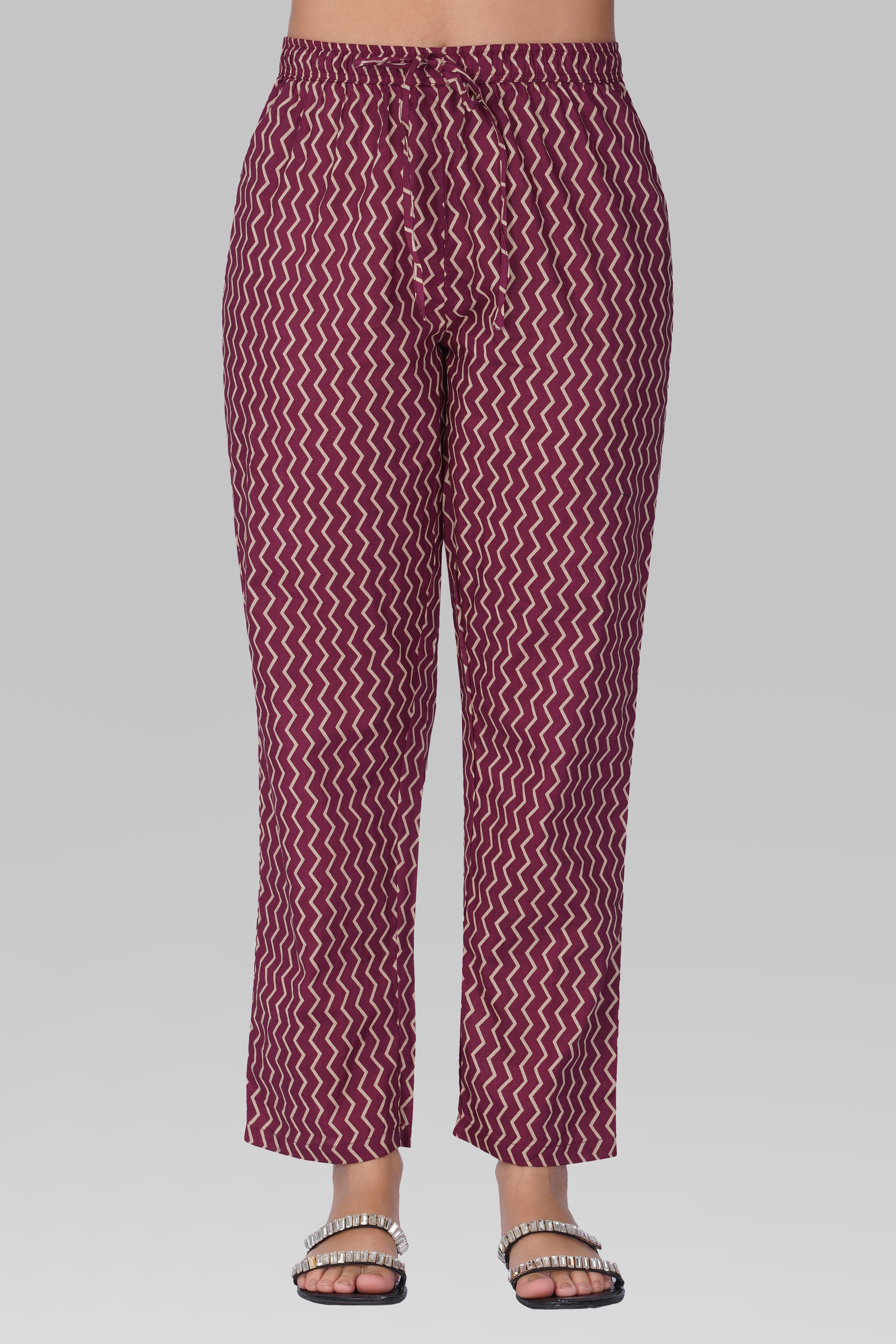 Wine Purple V Neck Cotton Printed Pyjama Set