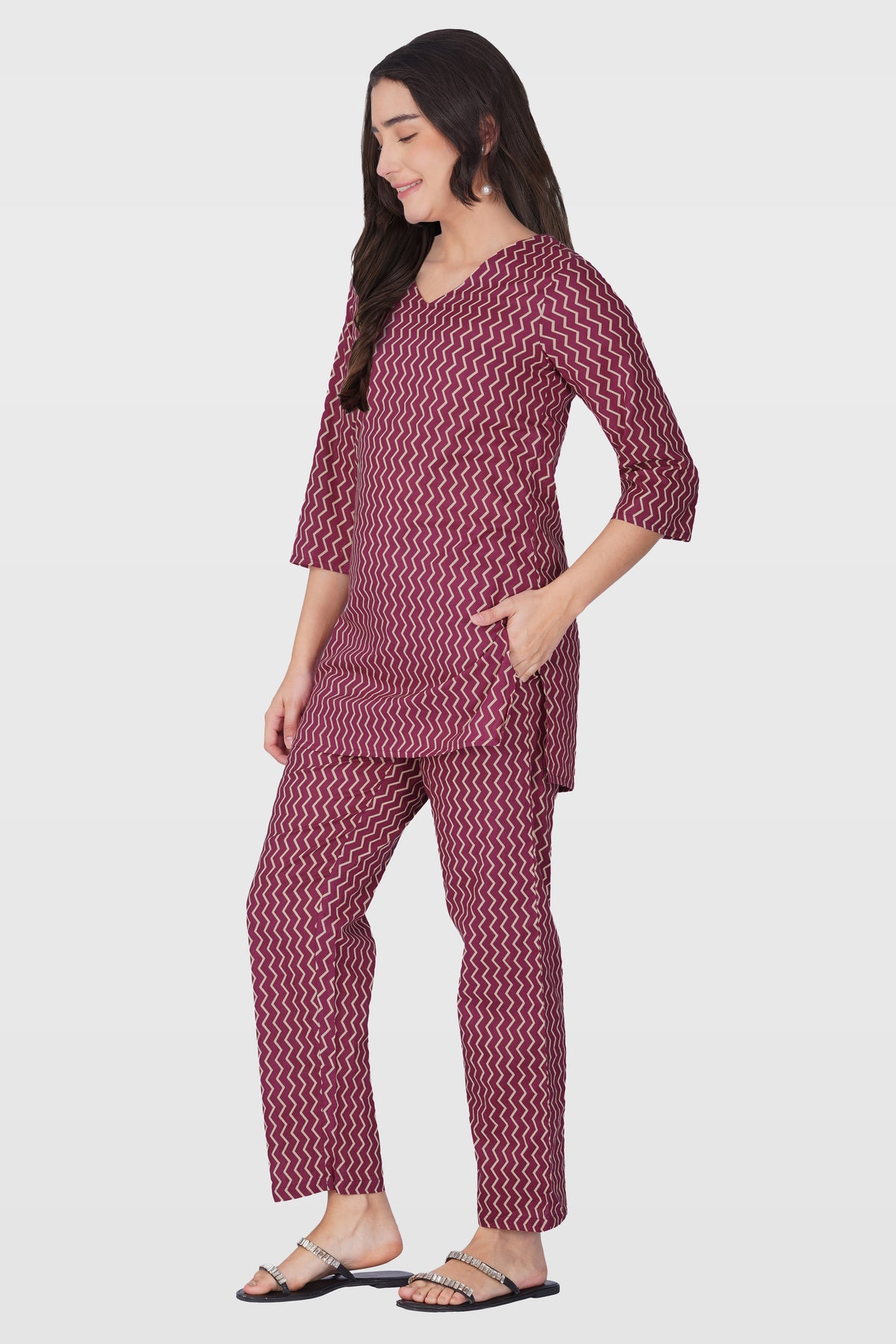 Wine Purple V Neck Cotton Printed Pyjama Set
