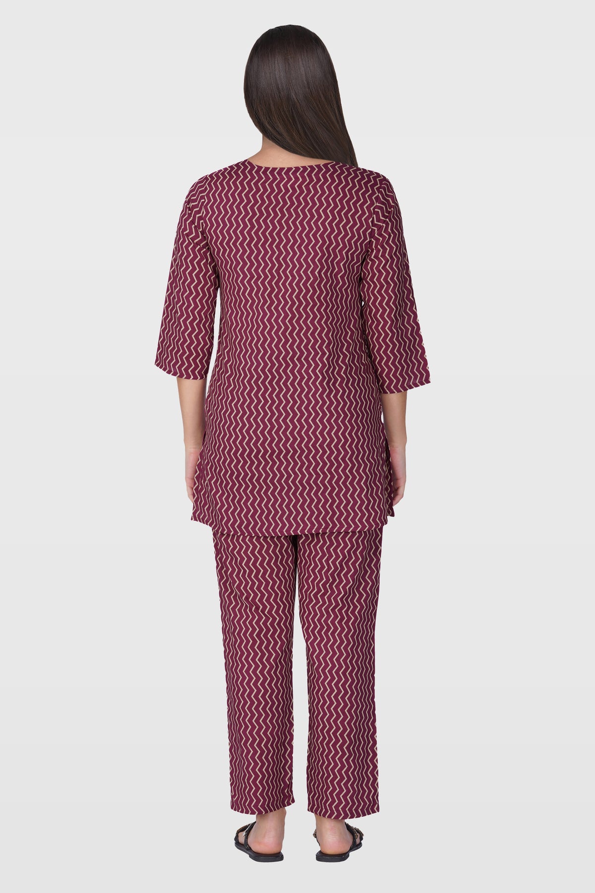 Wine Purple V Neck Cotton Printed Pyjama Set