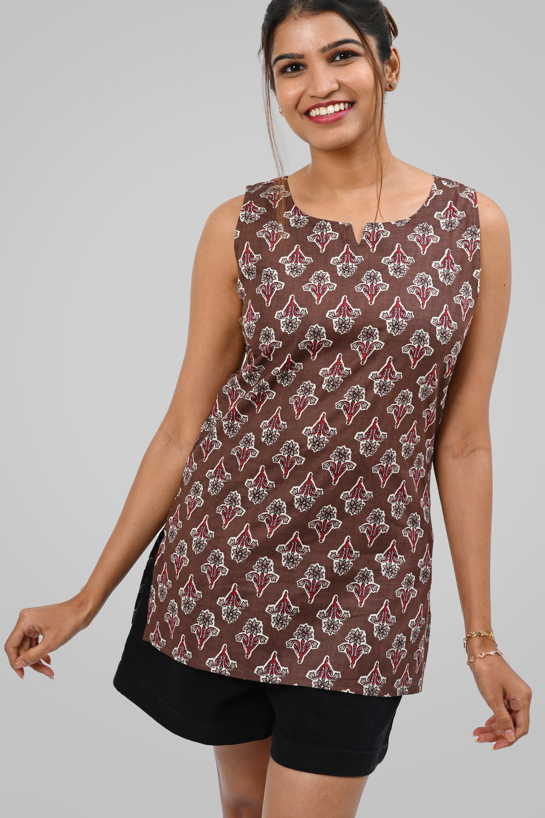 Woody Brown Cotton Printed Sleeveless Kurti