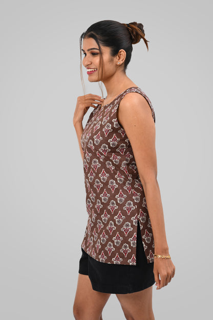 Woody Brown Cotton Printed Sleeveless Kurti