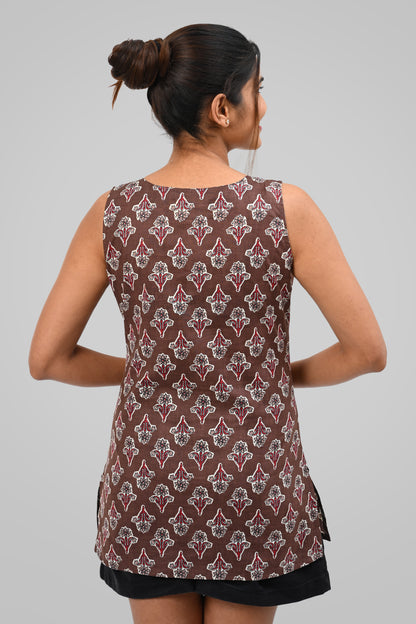 Woody Brown Cotton Printed Sleeveless Kurti