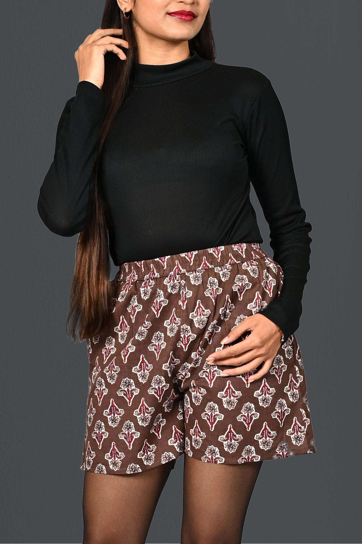 Woody Brown Cotton Printed Shorts