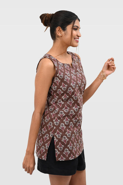 Woody Brown Cotton Printed Sleeveless Kurti