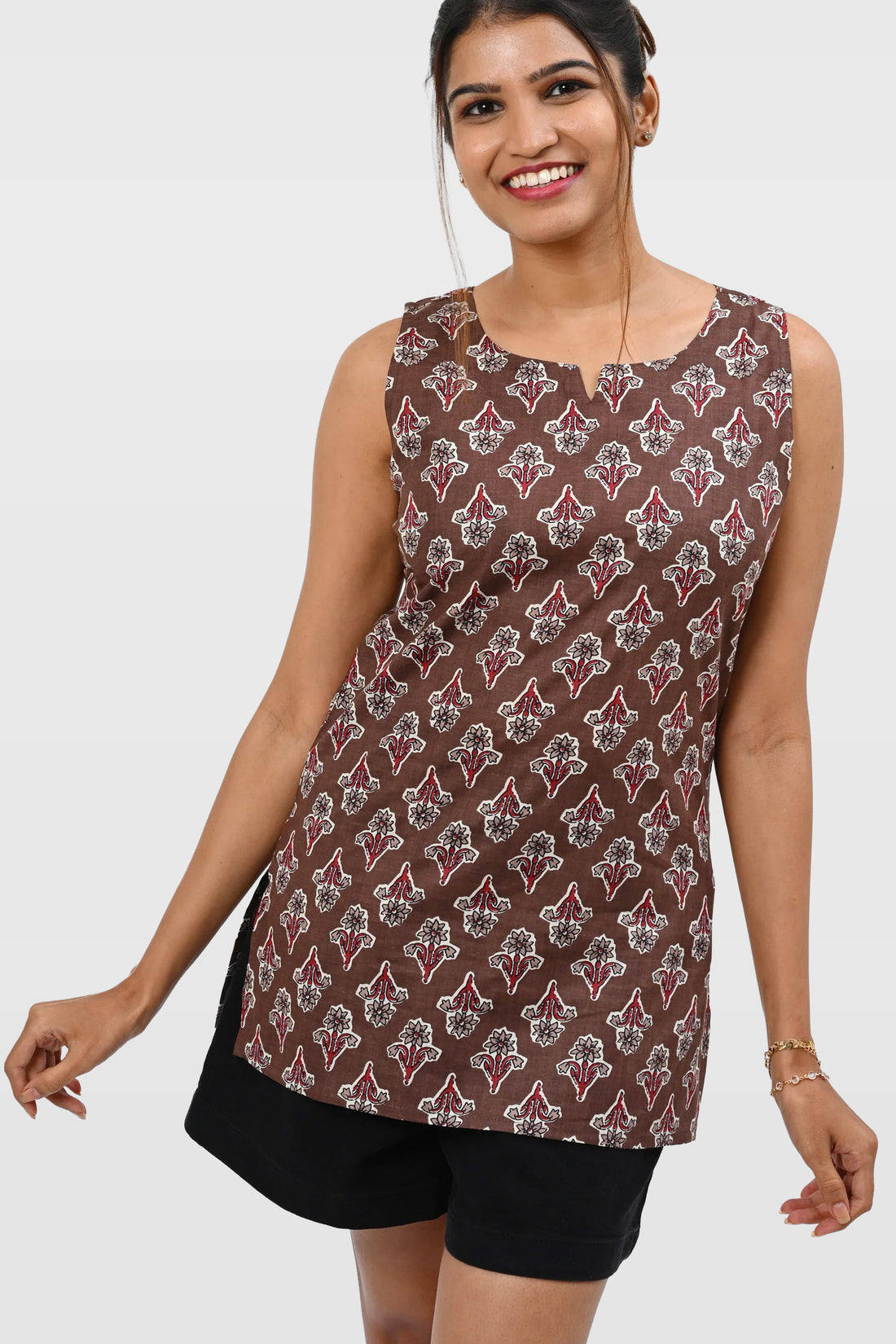 Woody Brown Cotton Printed Sleeveless Kurti