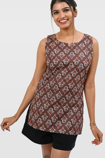 Woody Brown Cotton Printed Sleeveless Kurti