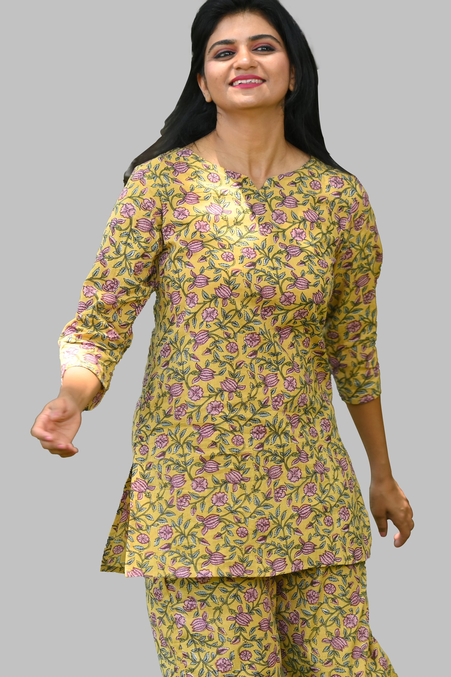 Yellow Floral Cotton Printed Pyjama Set