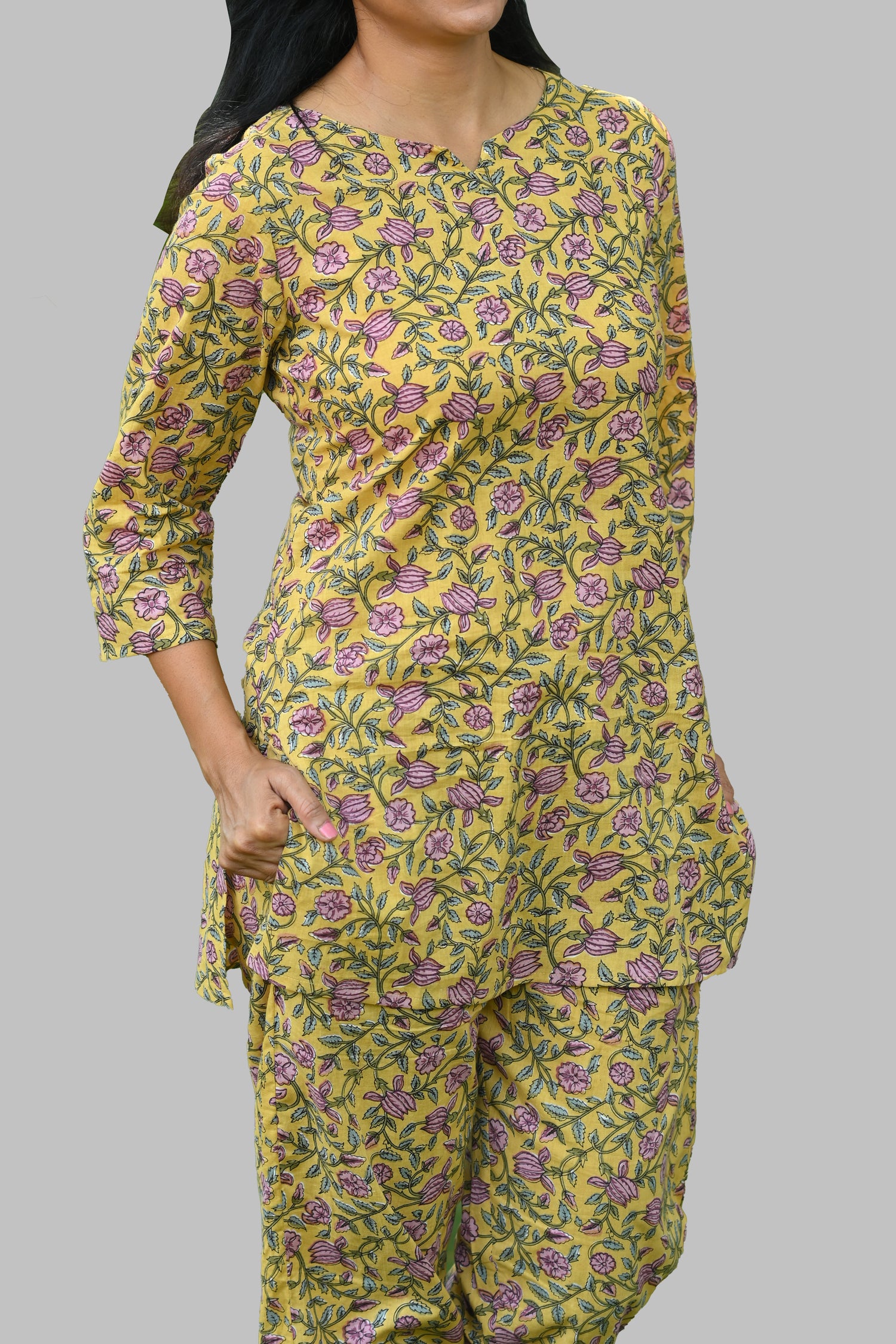 Yellow Floral Cotton Printed Pyjama Set