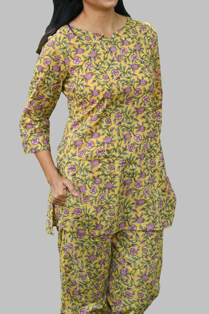 Yellow Floral Cotton Printed Pyjama Set
