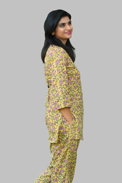 Yellow Floral Cotton Printed Pyjama Set