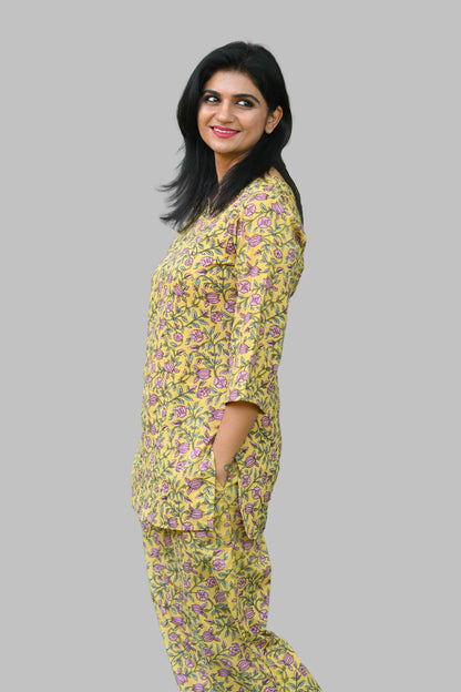 Yellow Floral Cotton Printed Pyjama Set