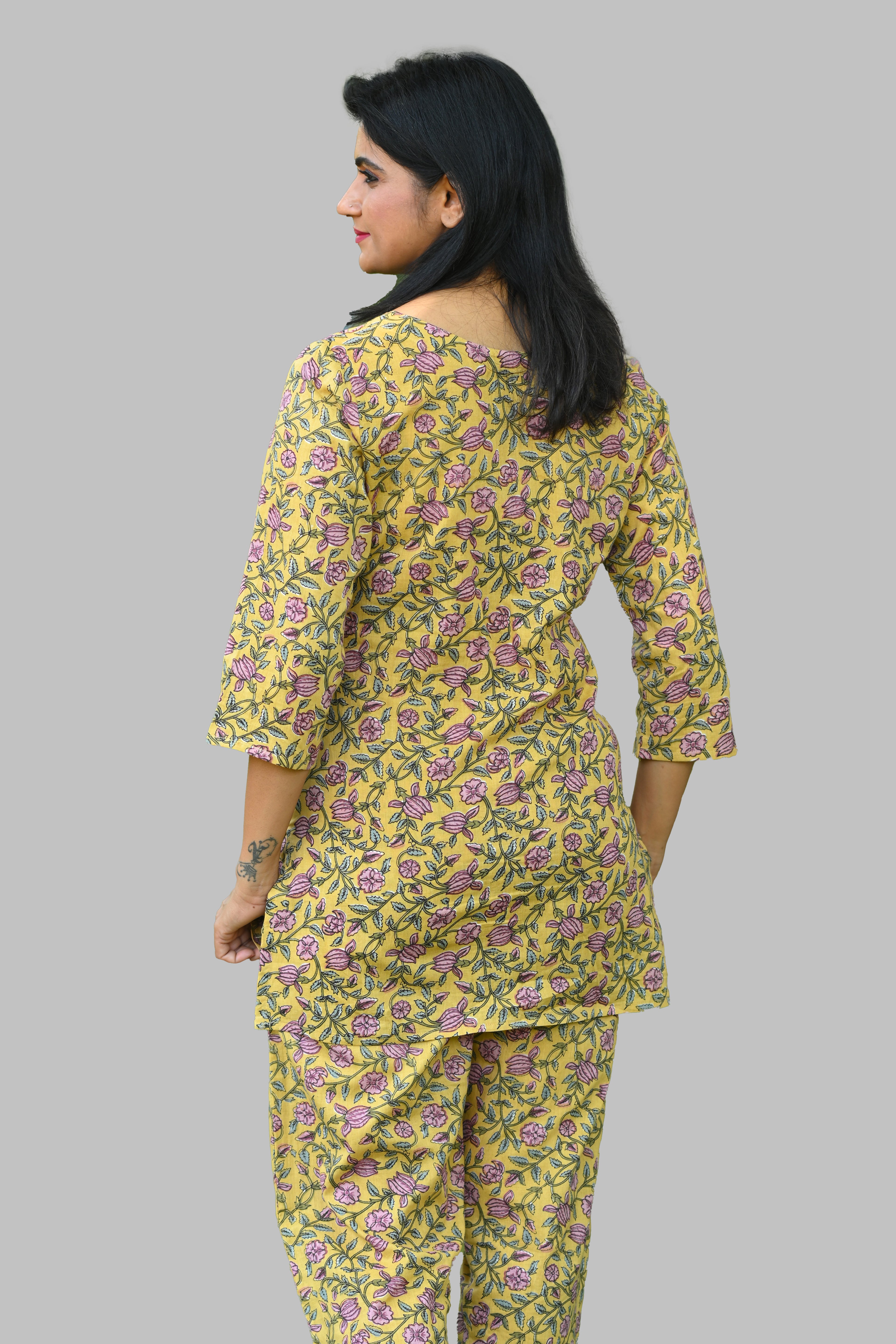 Yellow Floral Cotton Printed Pyjama Set