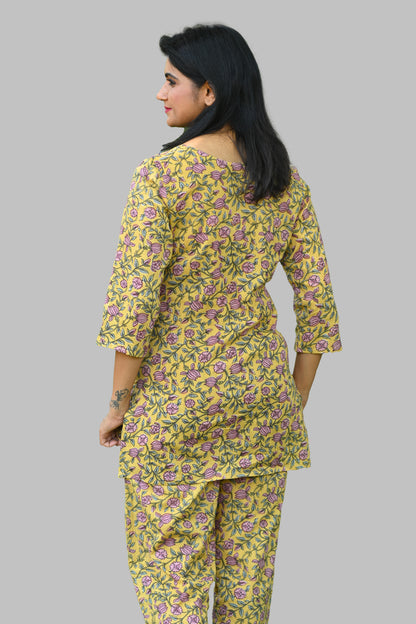 Yellow Floral Cotton Printed Pyjama Set