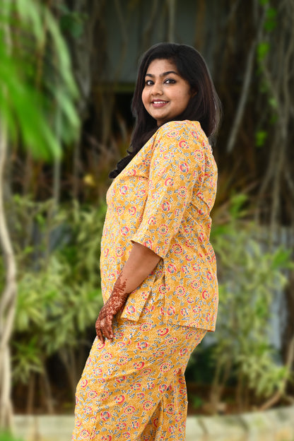 Yellow Plus Size Cotton Printed Pyjama Set