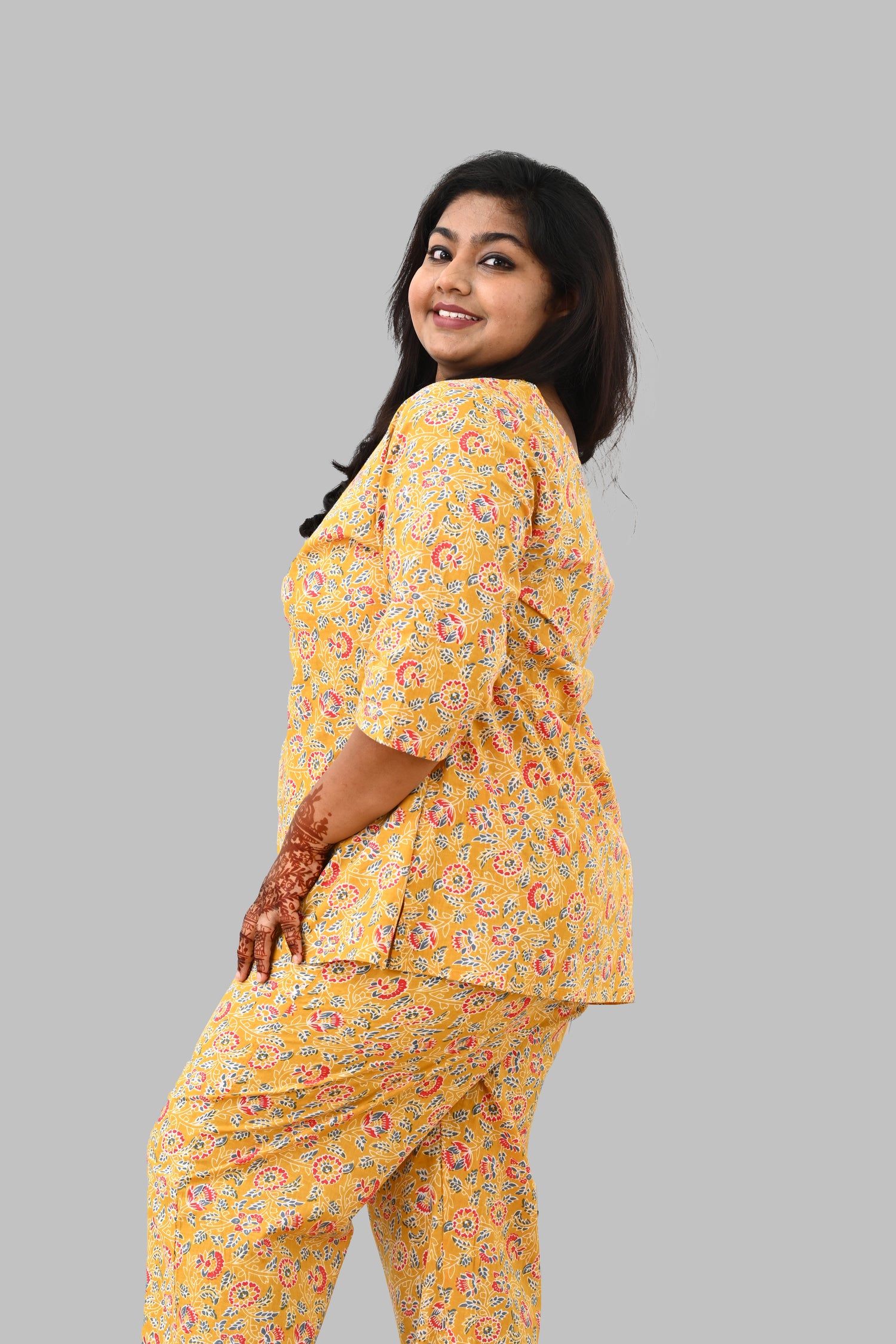 Yellow Plus Size Cotton Printed Pyjama Set