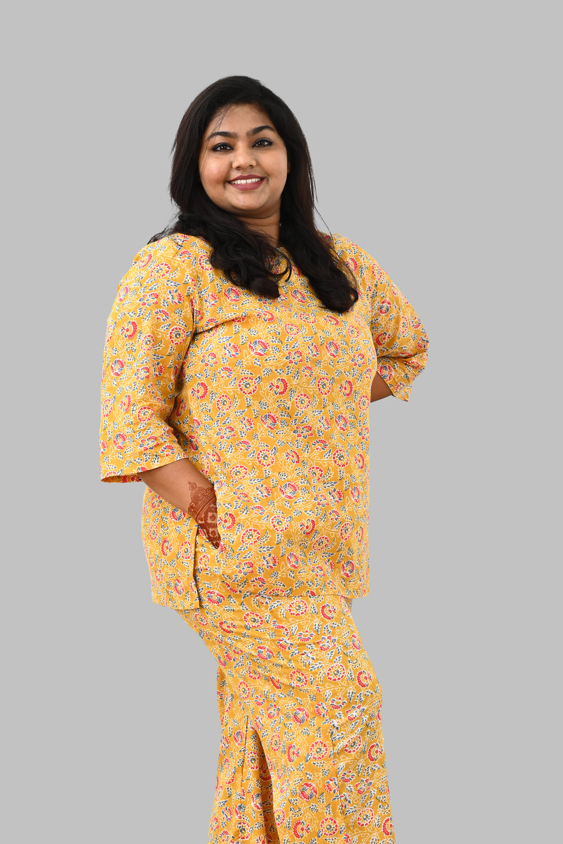 Yellow Plus Size Cotton Printed Pyjama Set