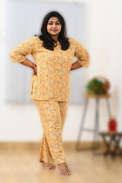 Yellow Plus Size Cotton Printed Pyjama Set