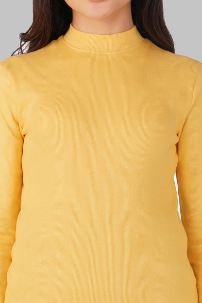 Yellow Ribbed Mock Neck Long Sleeve Top