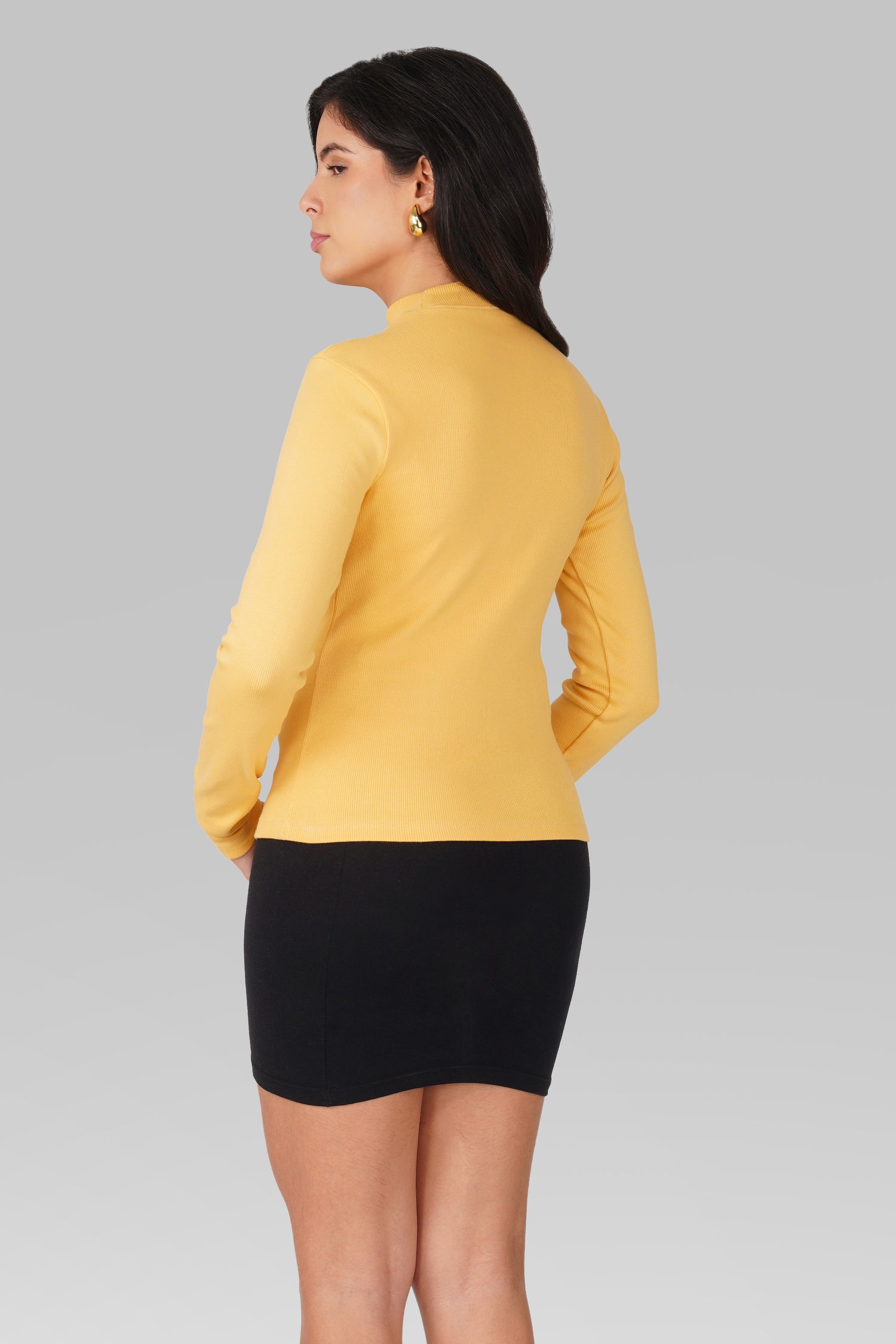 Yellow Ribbed Mock Neck Long Sleeve Top