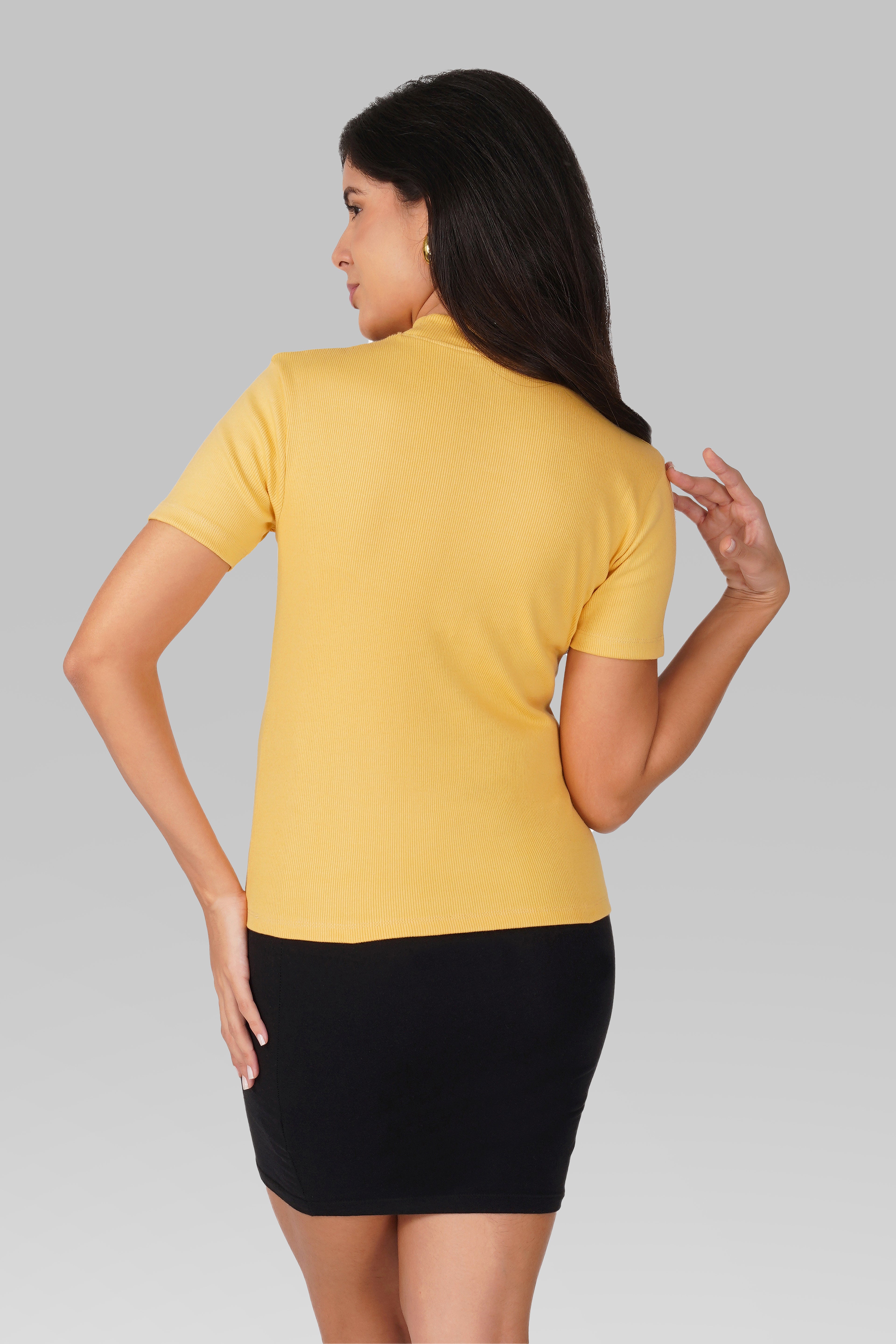 Yellow Ribbed Mock Neck Short Sleeve Top
