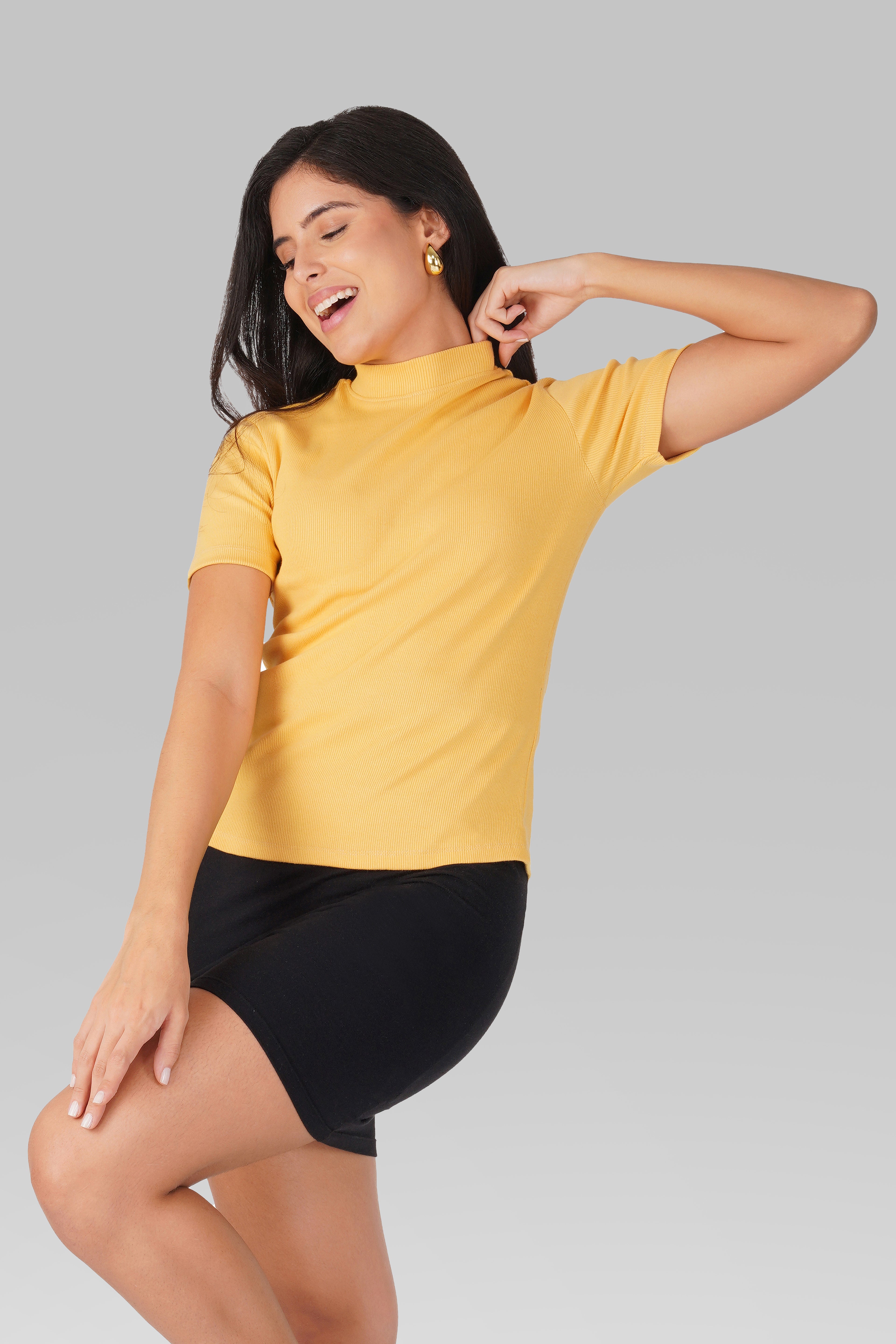 Yellow Ribbed Mock Neck Short Sleeve Top