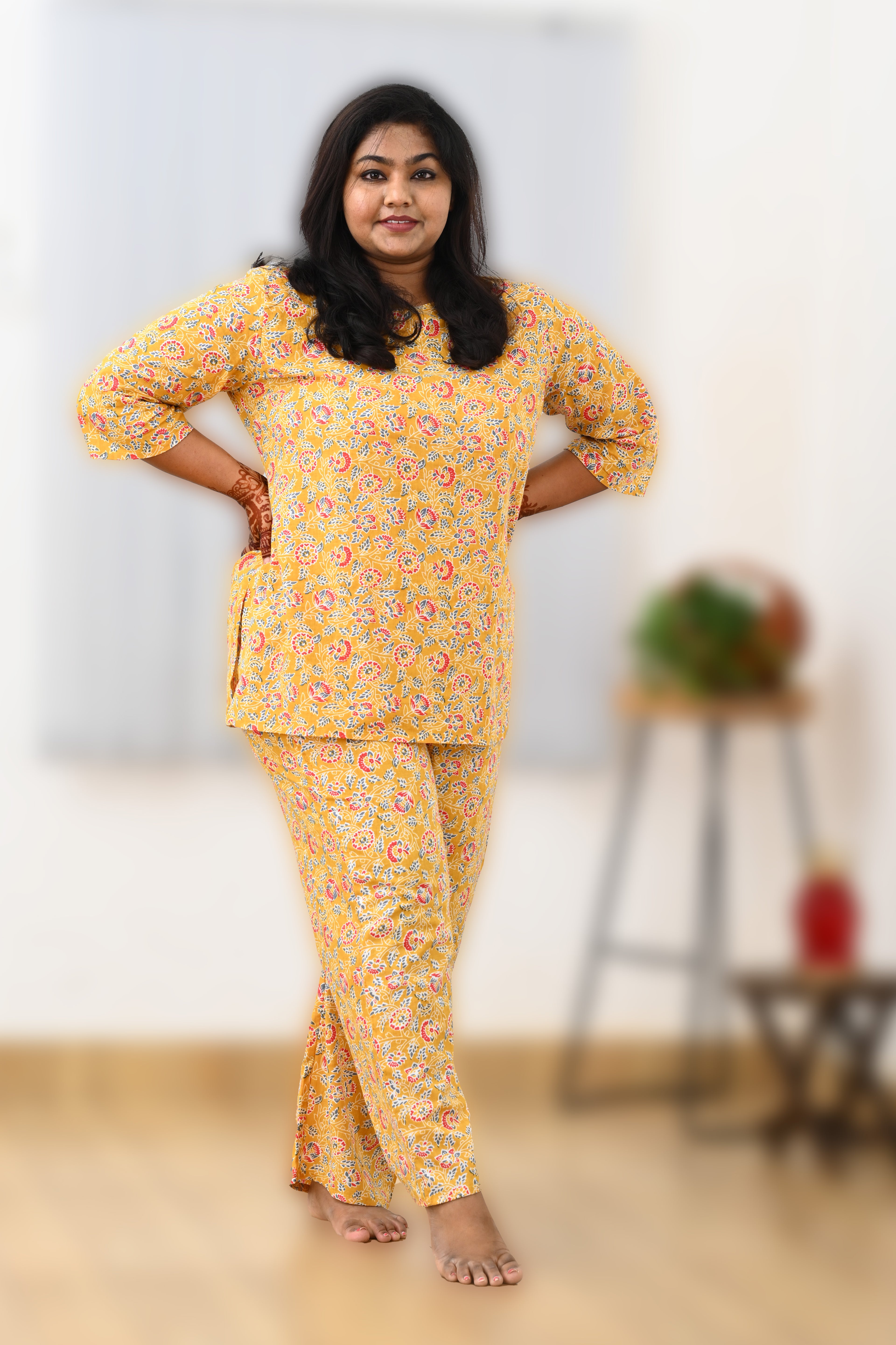Yellow Plus Size Cotton Printed Pyjama Set