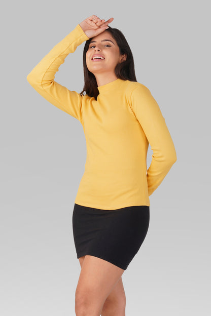 Yellow Ribbed Mock Neck Long Sleeve Top
