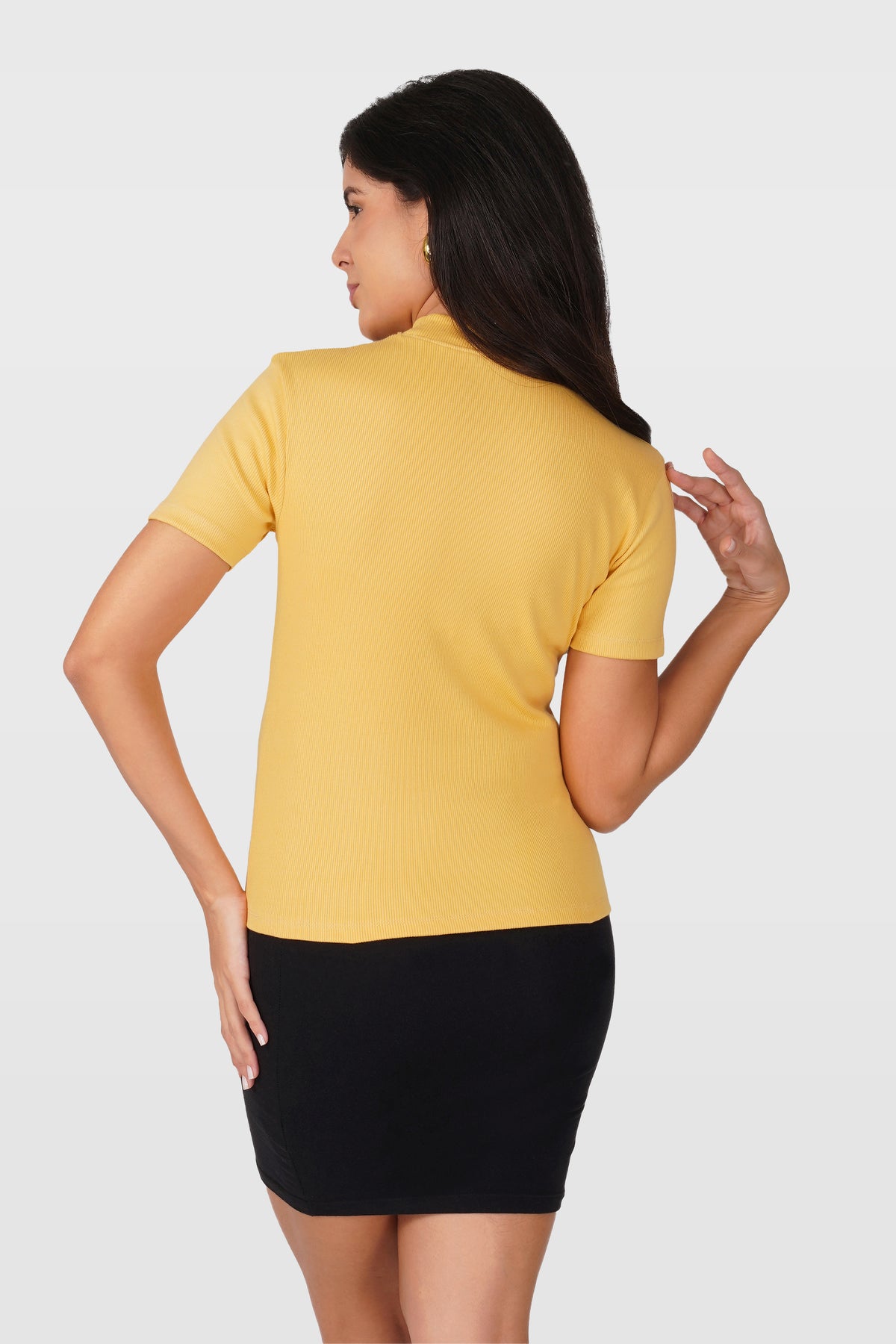 Yellow Ribbed Mock Neck Long Sleeve Top