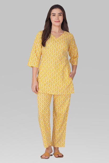 Yellow V Neck Cotton Printed Pyjama Set