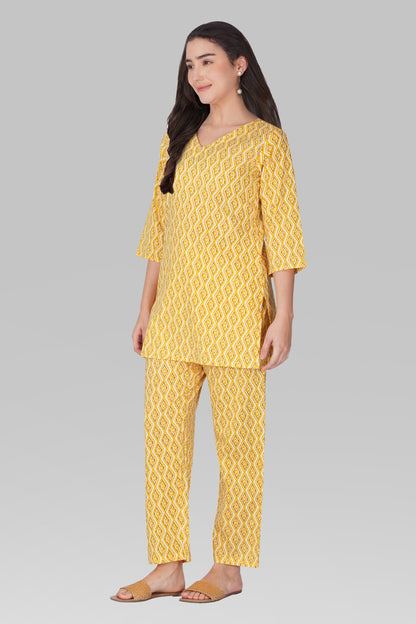 Yellow V Neck Cotton Printed Pyjama Set