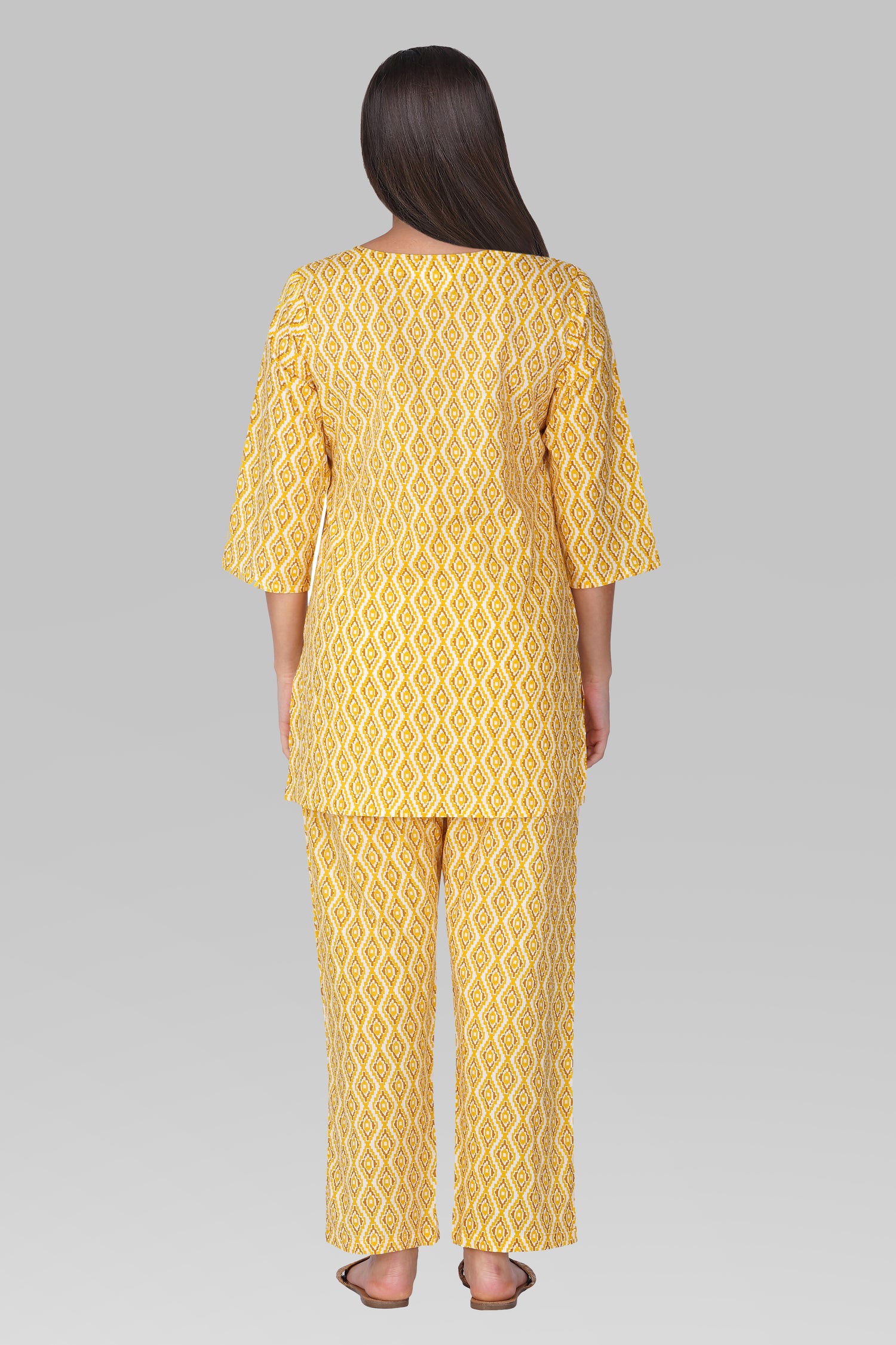 Yellow V Neck Cotton Printed Pyjama Set