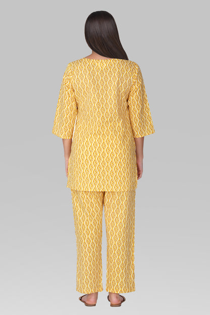 Yellow V Neck Cotton Printed Pyjama Set