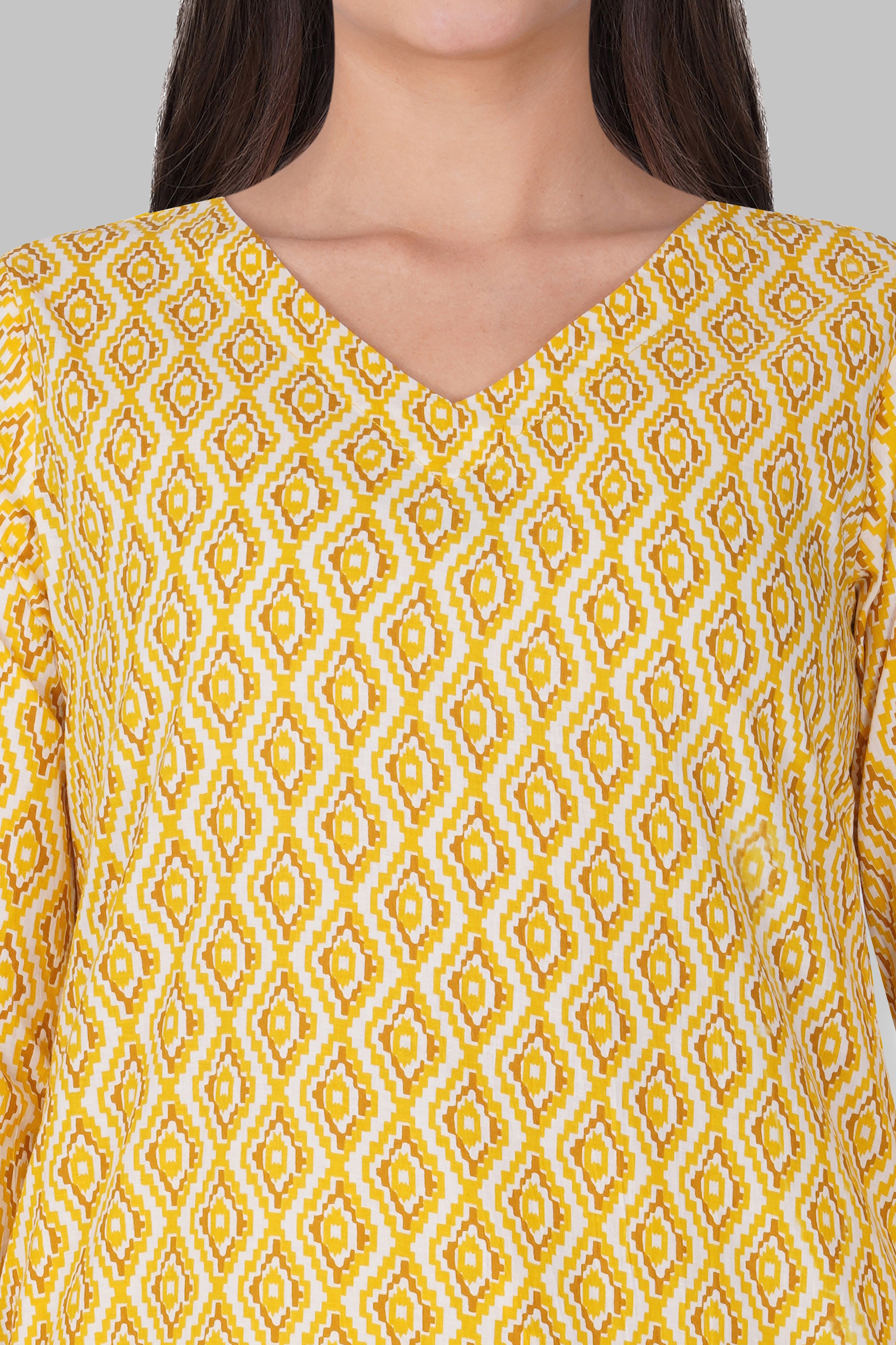 Yellow V Neck Cotton Printed Pyjama Set