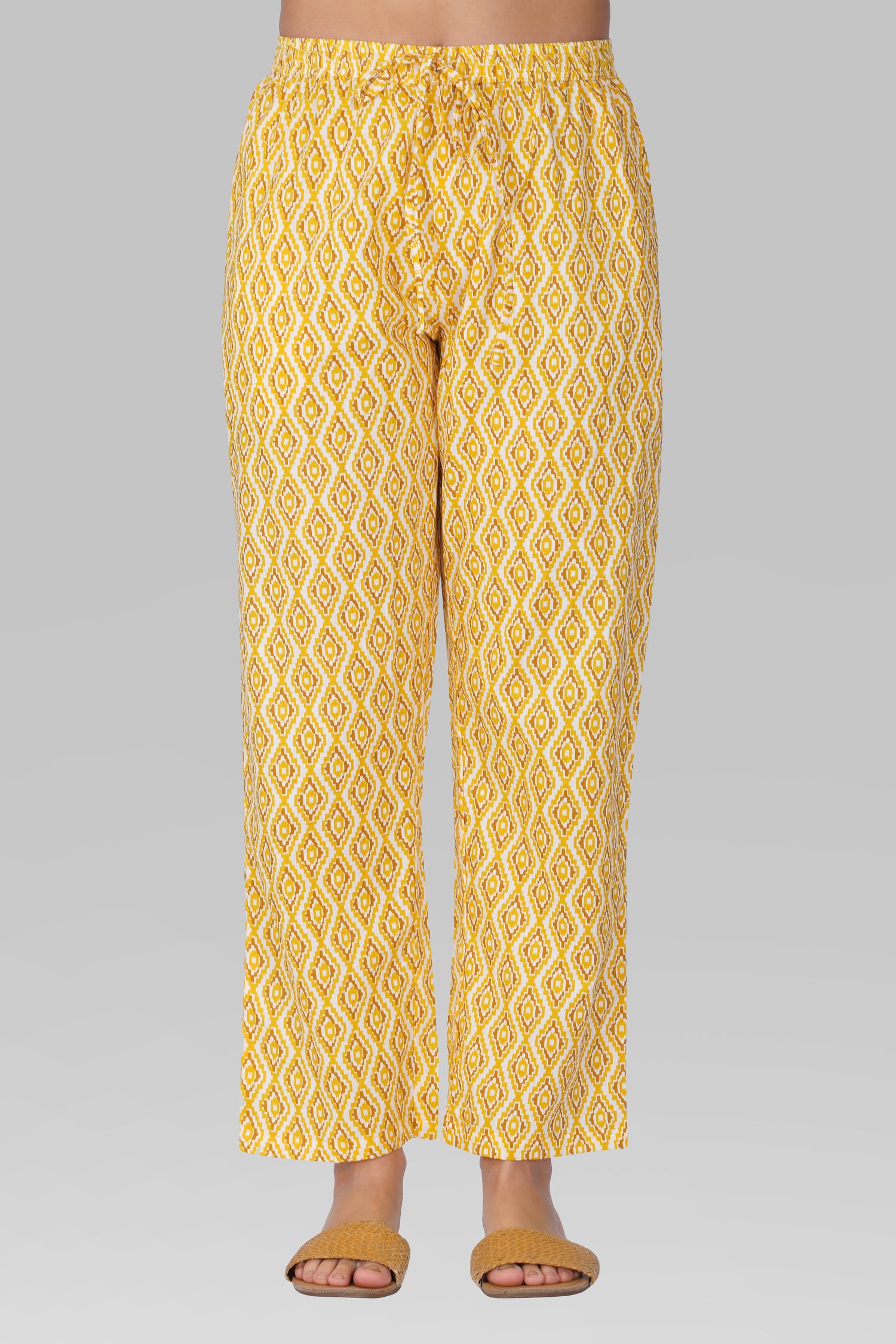 Yellow V Neck Cotton Printed Pyjama Set