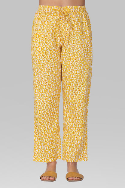 Yellow V Neck Cotton Printed Pyjama Set