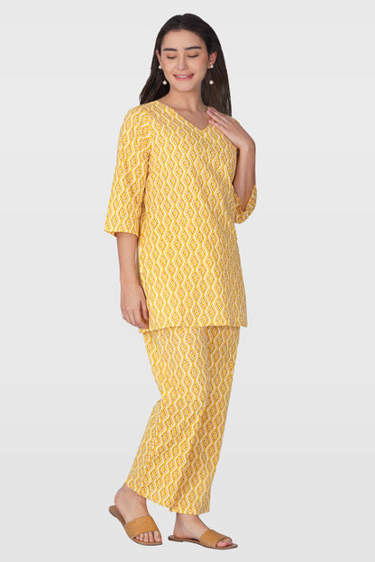 Yellow V Neck Cotton Printed Pyjama Set