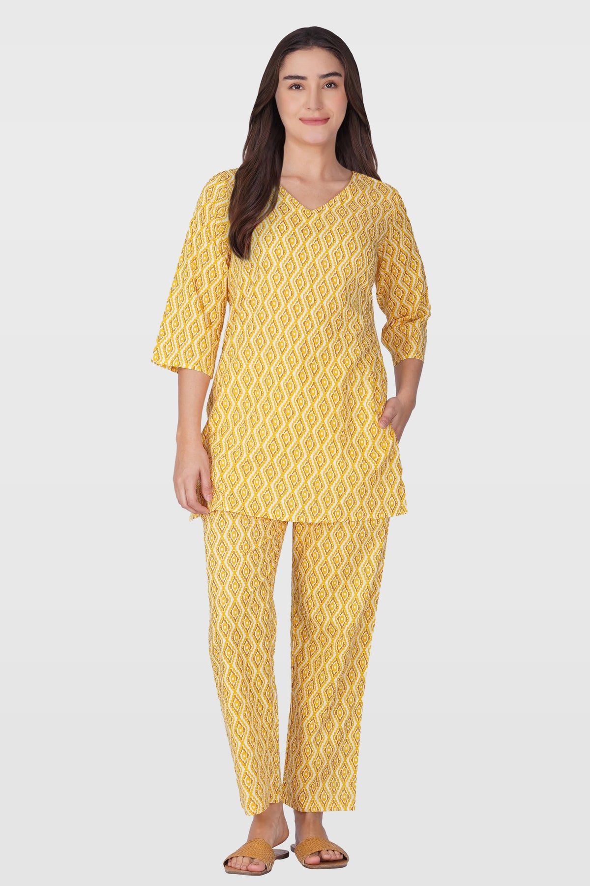 Yellow V Neck Cotton Printed Pyjama Set
