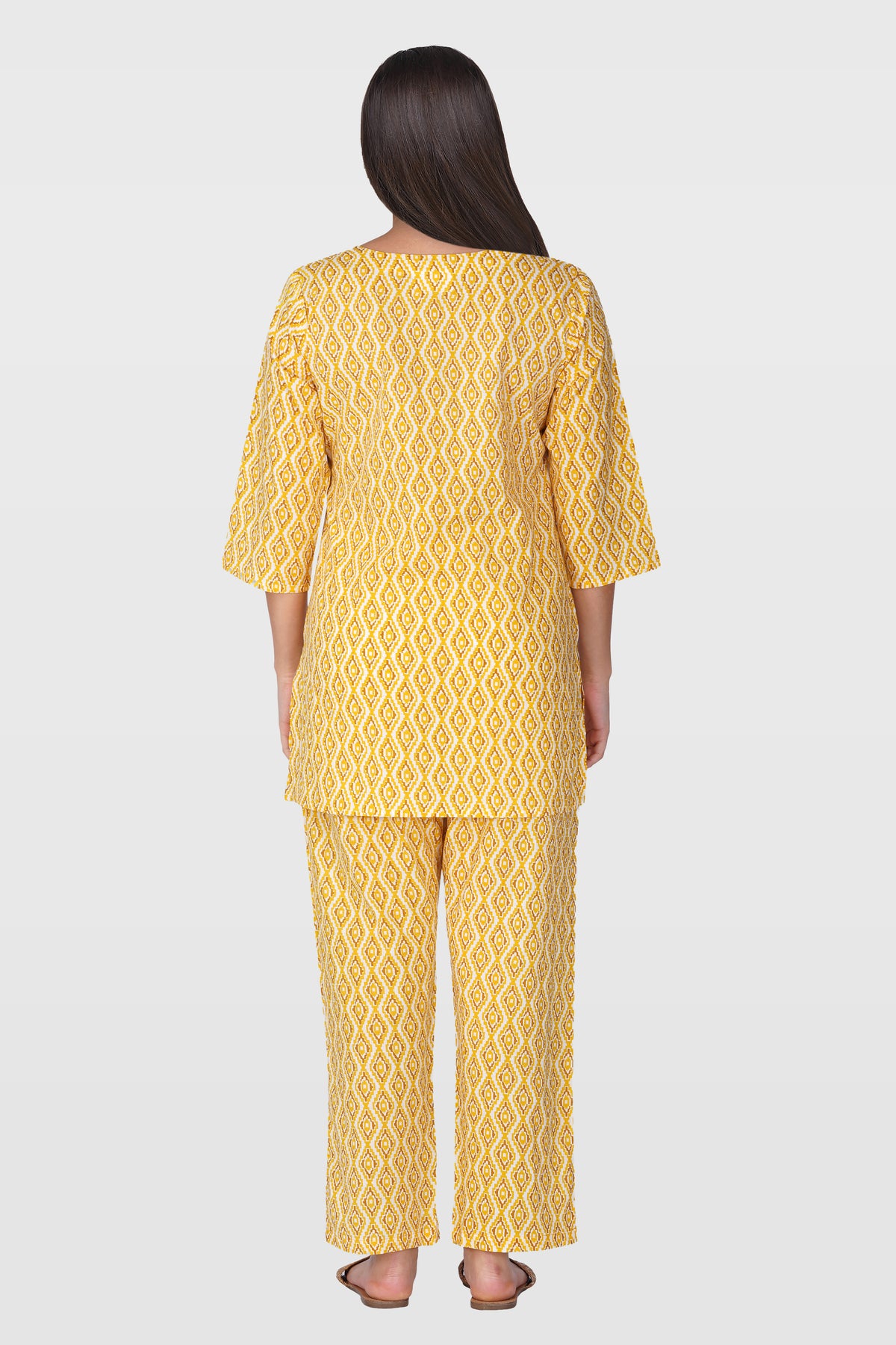 Yellow V Neck Cotton Printed Pyjama Set
