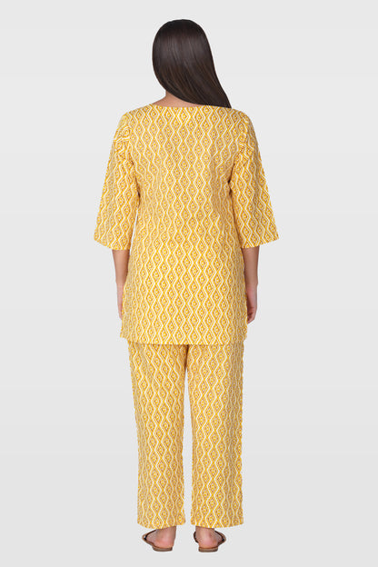 Yellow V Neck Cotton Printed Pyjama Set