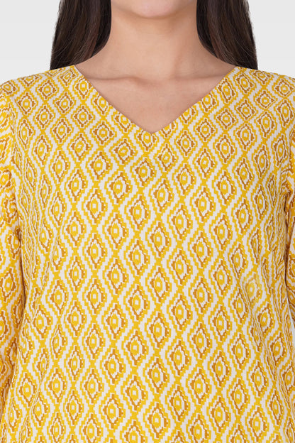 Yellow V Neck Cotton Printed Pyjama Set