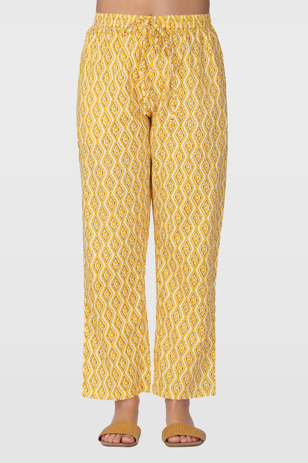 Yellow V Neck Cotton Printed Pyjama Set
