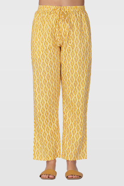 Yellow V Neck Cotton Printed Pyjama Set
