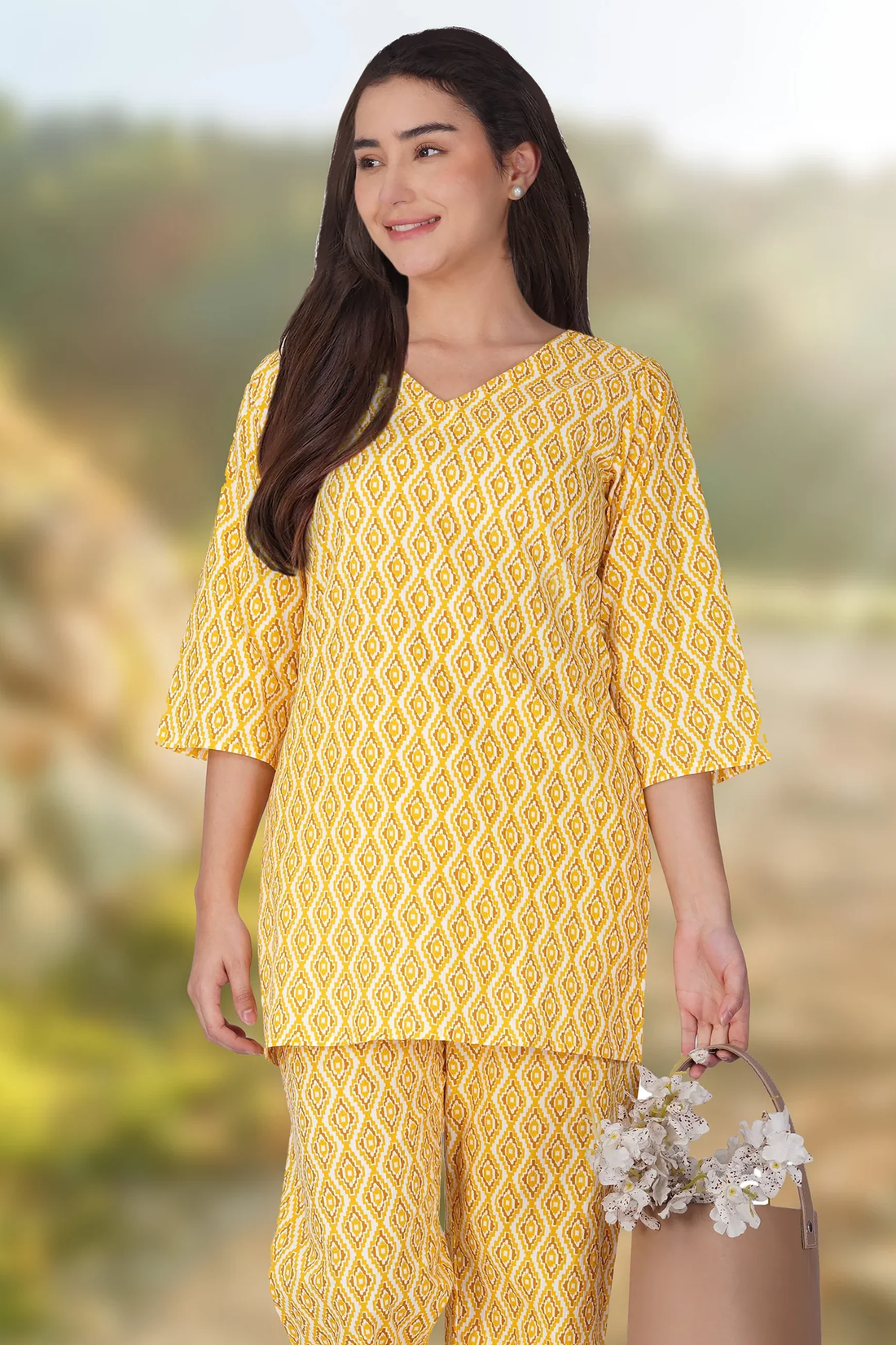 Yellow V Neck Cotton Printed Pyjama Set