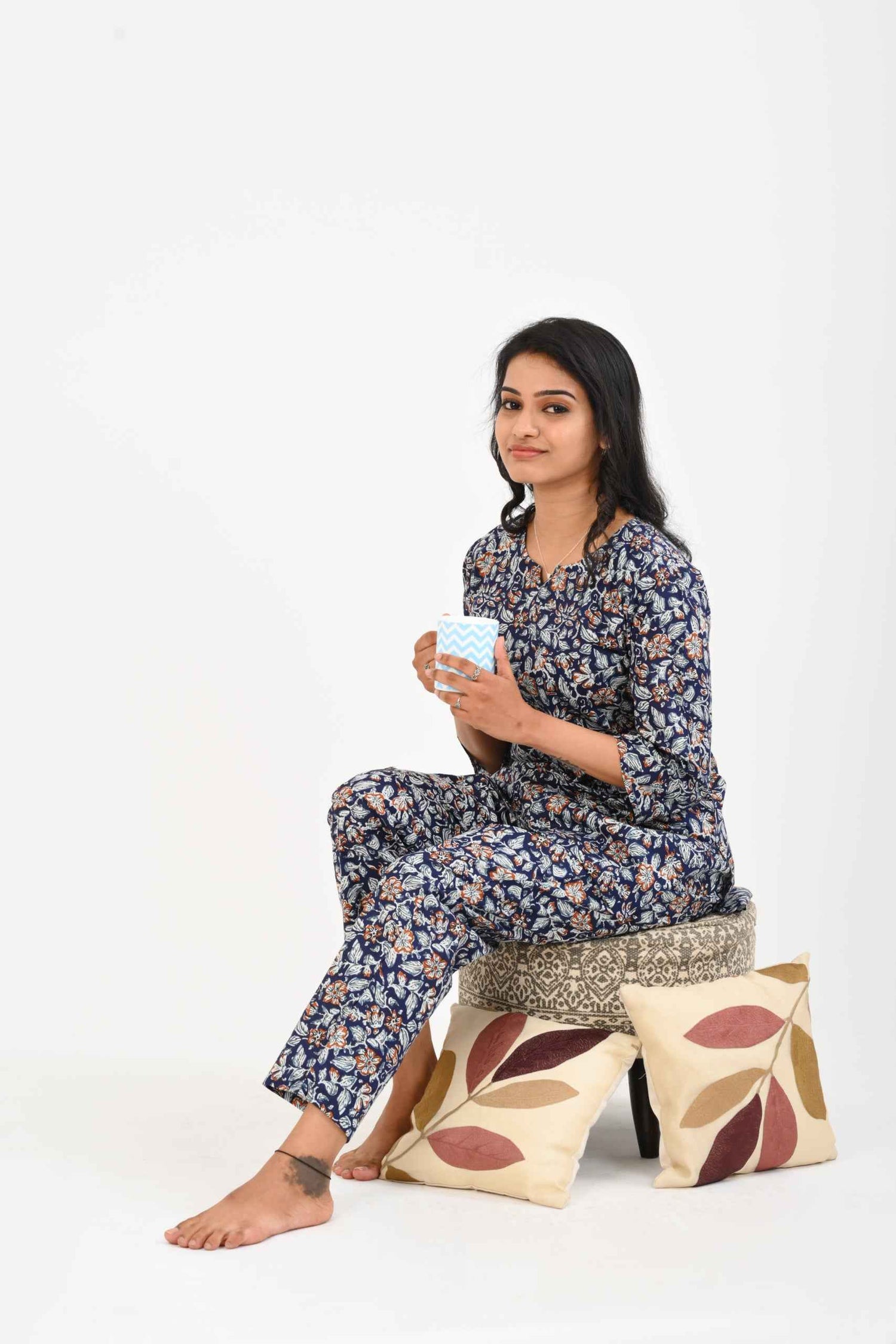 Dark Blue Cotton Printed Pyjama Set