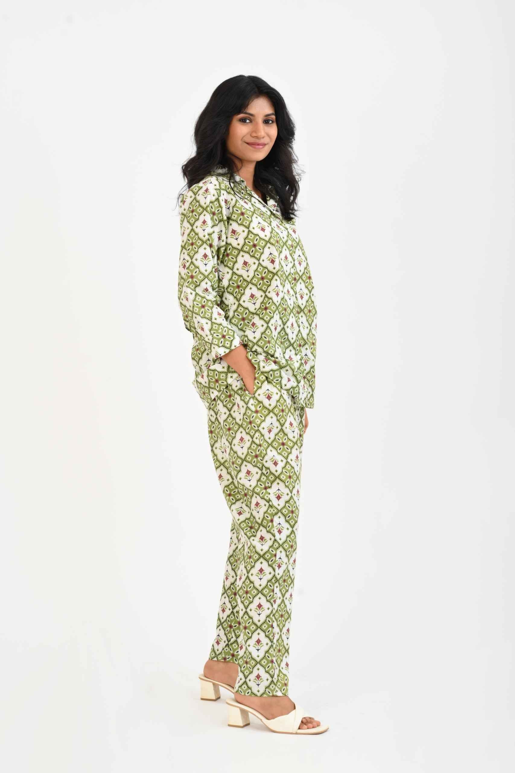 Olive Green Cotton Printed Pyjama Set Cuban Collar