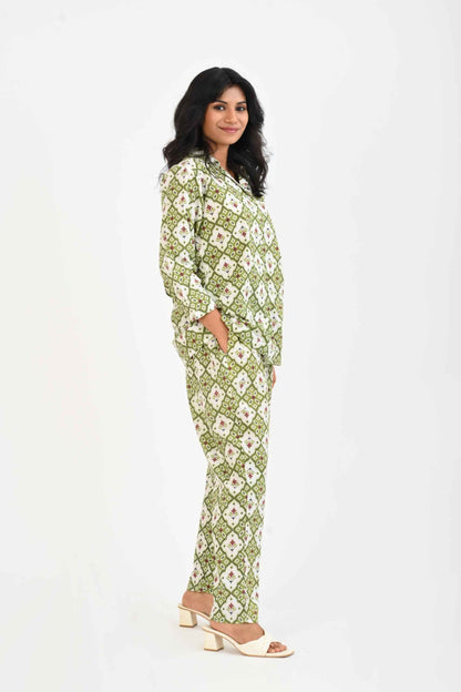 Olive Green Cotton Printed Pyjama Set Cuban Collar
