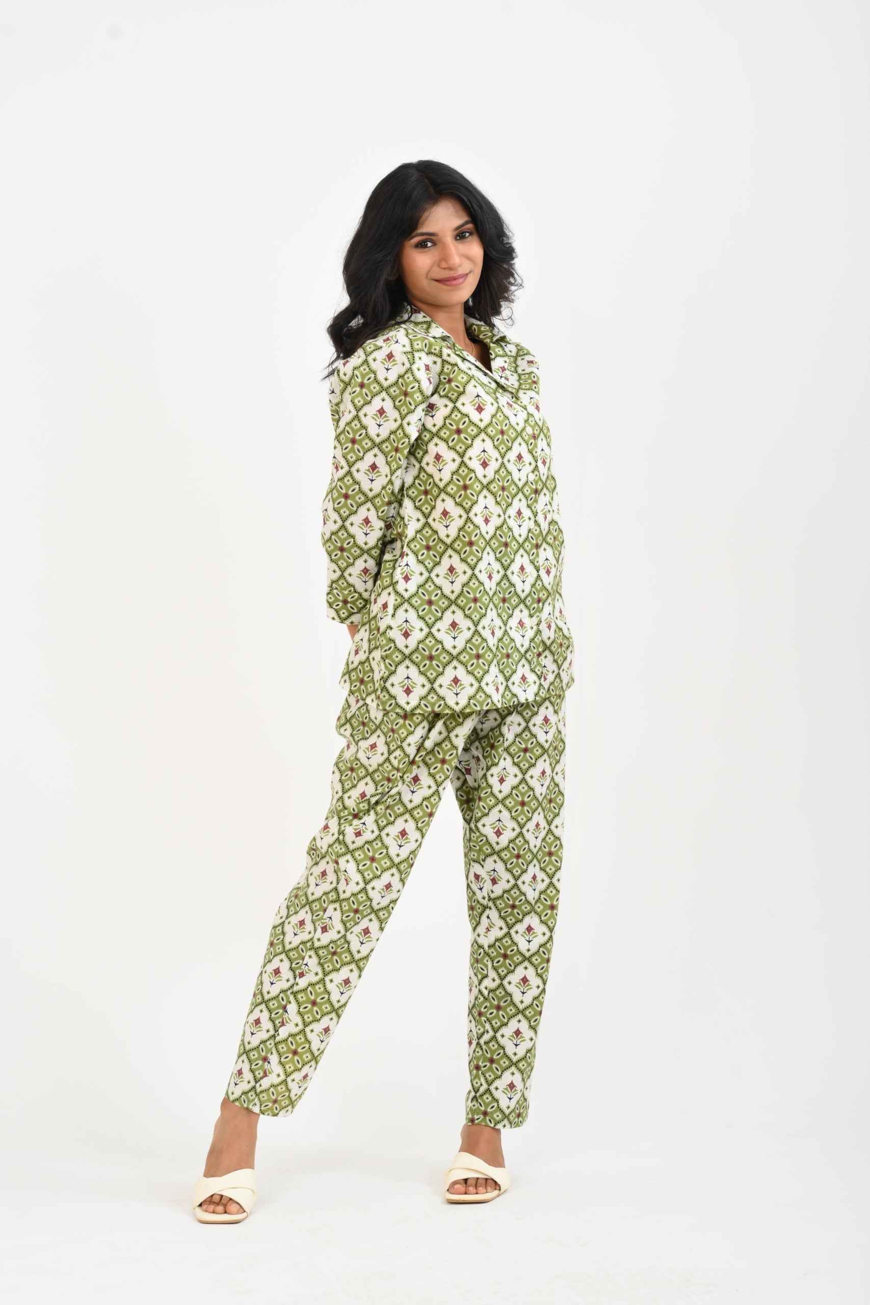 Olive Green Cotton Printed Pyjama Set Cuban Collar