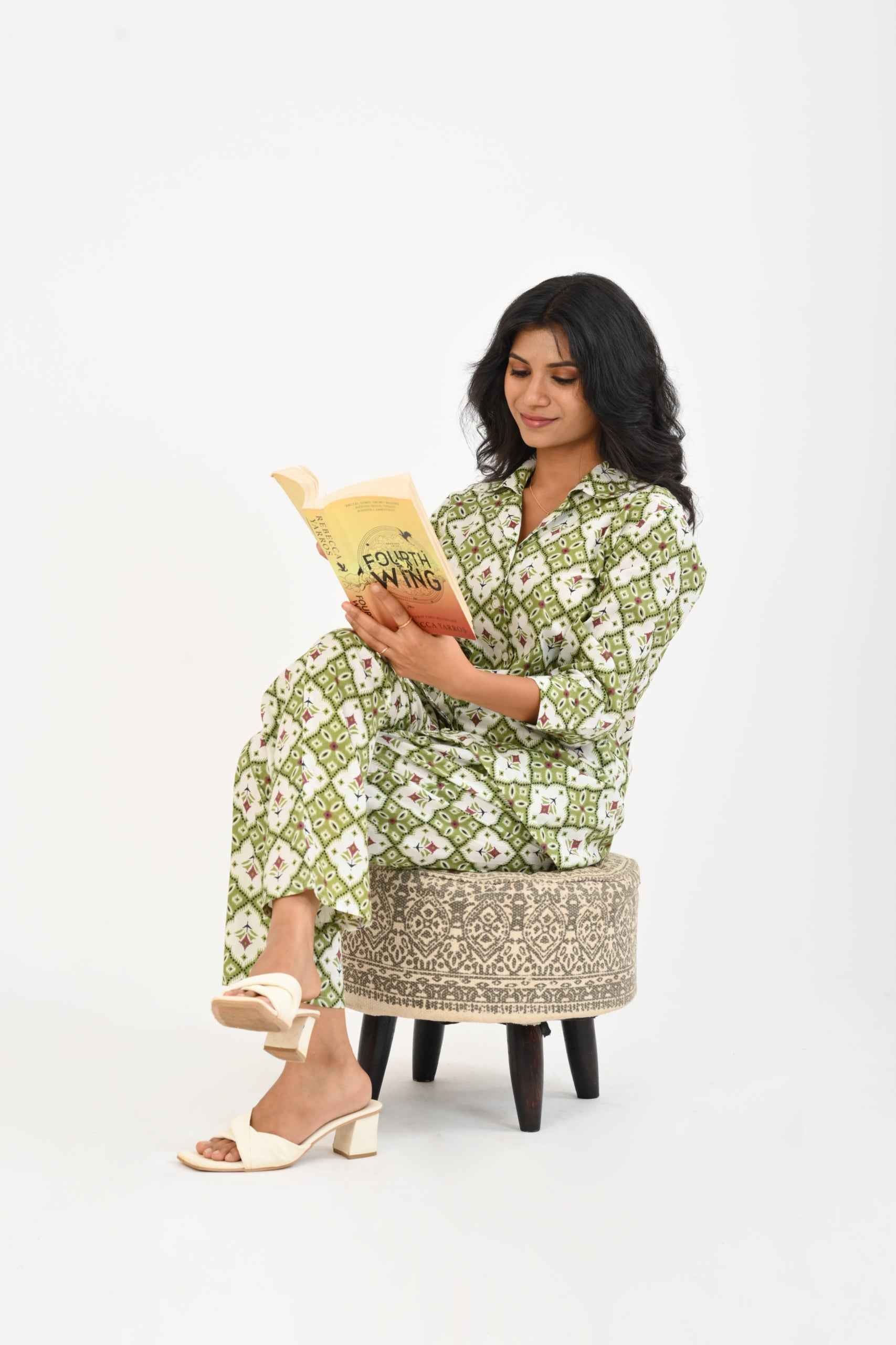 Olive Green Cotton Printed Pyjama Set Cuban Collar