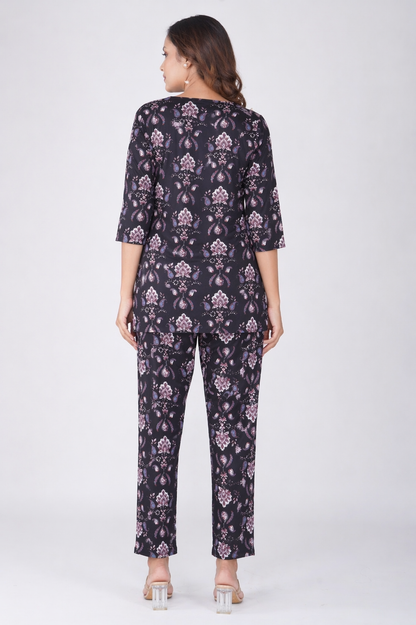 Black Cotton Printed Pyjama Set